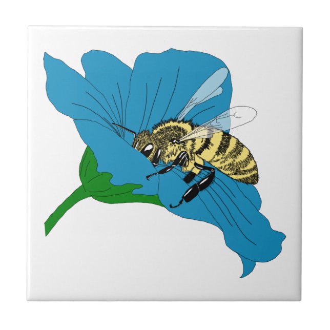 Honeybee Blue Flower Illustration Tile (Front)