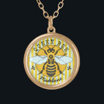 Honeybee Bumblebee Queen Bee Honey | Personalised Gold Plated Necklace<br><div class="desc">This super sweet honeybee necklace has an original drawing of a yellow and black bee. It has white-blue wings that are spread out like it's ready to fly. Behind it, it rests on a circle of honeycomb with a striped border and fleur de lis. It's perfect for any queen bee....</div>