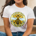 Honeybee Bumblebee Queen Bee Honey | Personalised T-Shirt<br><div class="desc">This super sweet honeybee t-shirt has an original drawing of a yellow and black bee. It has white-blue wings that are spread out like it's ready to fly. Behind it, it rests on a circle of honeycomb with a striped border and fleur de lis. It's perfect for any queen bee....</div>