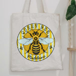Honeybee Bumblebee Queen Bee Pretty | Personalised Tote Bag<br><div class="desc">This super sweet honeybee tote bag has an original, hand-drawn image of a yellow and black bee on a striped background. It has gossamer white-blue wings that are spread out like it's ready to fly. This nature - inspired design is perfect for any queen bee. It would also make a...</div>