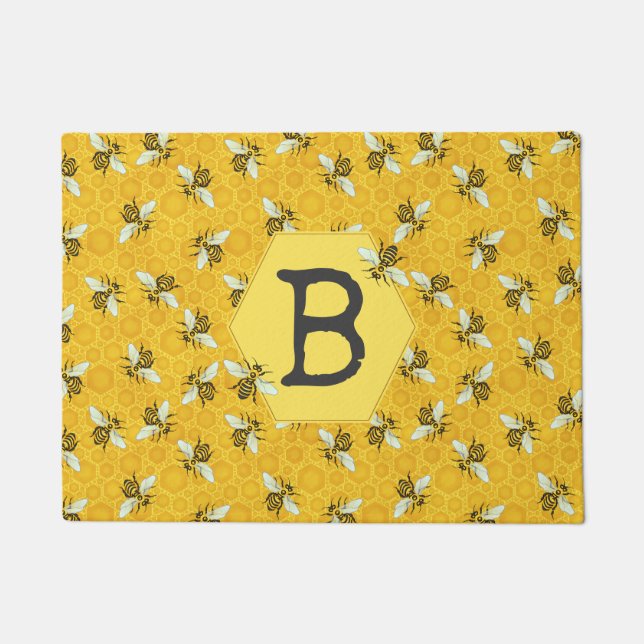 Honeybee Honeycomb Bee Hive Swarm Family Monogram Doormat (Front)