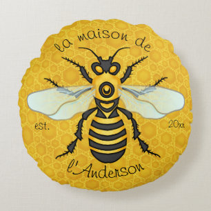 Honeybee Honeycomb Elegant French Bee Family Name Round Cushion