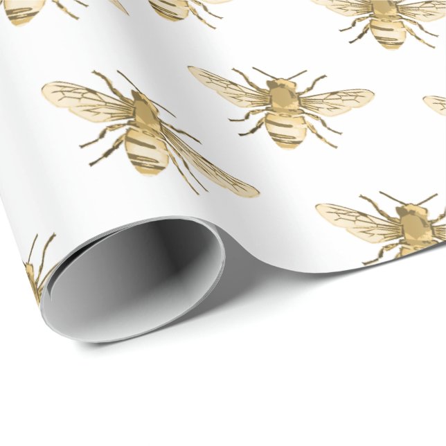 Honeybee in Flight Pattern on White Wrapping Paper (Roll Corner)