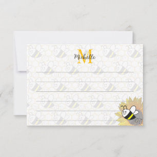 Honeybee Sunflower Drawing Custom Lined Monogram Card