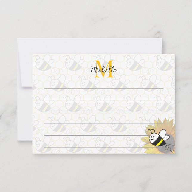 Honeybee Sunflower Drawing Custom Lined Monogram Card (Front)