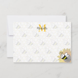 Honeybee Sunflower Drawing Custom Monogram Card