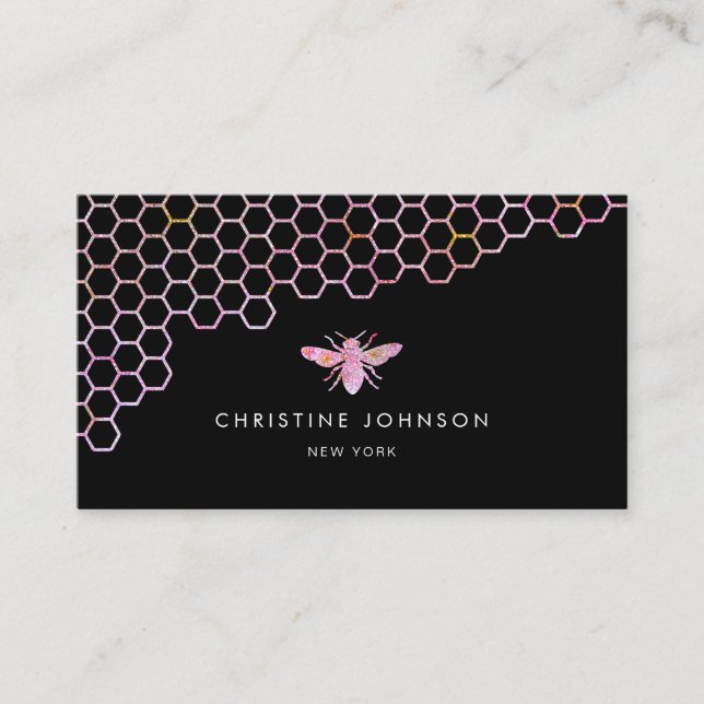 honeycomb and  bee logo on black business card (Front)