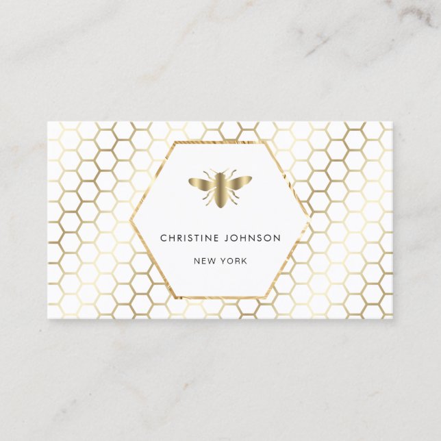 honeycomb and hexagon bee logo on white business card (Front)