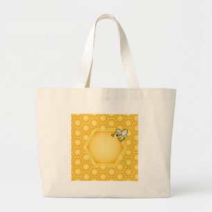 Honeycomb background with a cute honeybee large tote bag