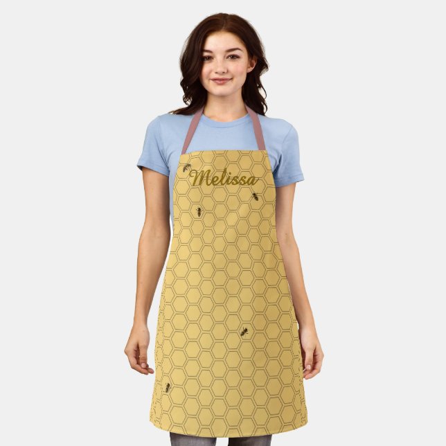 Honeycomb Bee Beekeeper Yellow Personalized Apron (Worn)