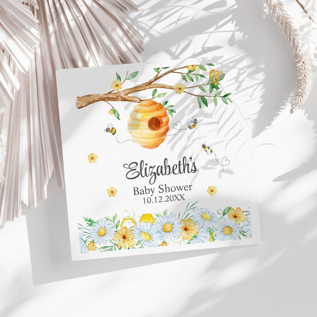Honeycomb Bee Chamomile Baby Shower  Napkin (Honeycomb Bee Chamomile Baby Shower Napkins on a sunny boho white table.)