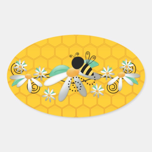 Honeycomb Bees and Daisies Oval Sticker (Front)