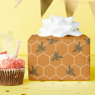 Honeycomb Bees Dark Amber Wrapping Paper