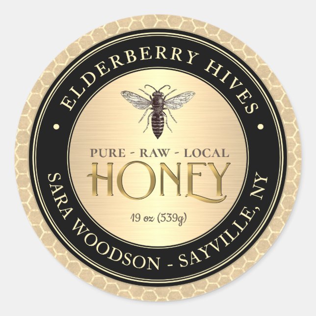 Honeycomb Black Gold Honey Label Vintage Queen Bee (Front)