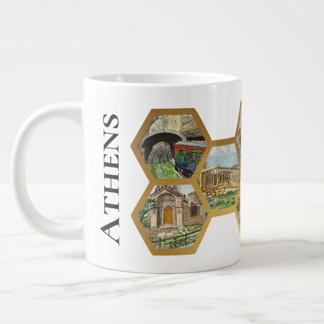 Honeycomb Collage pattern, Athens Landmarks Large Coffee Mug (Left)