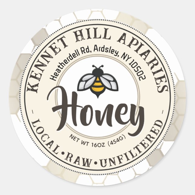 Honeycomb & Cute Bee Raw Honey Label Ivory (Front)