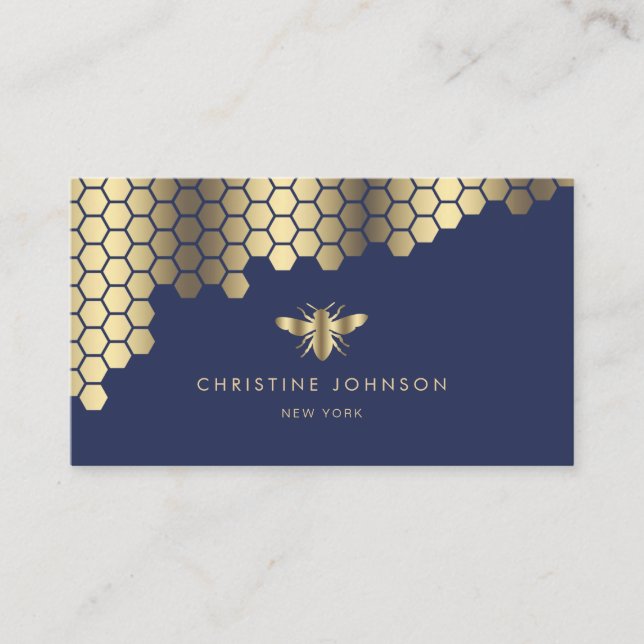 honeycomb faux gold foil bee on blue business card (Front)