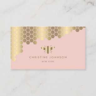 honeycomb faux gold foil bee on pink blush business card