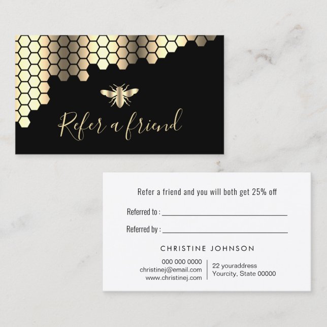 honeycomb faux gold foil bee referral card (Front/Back)