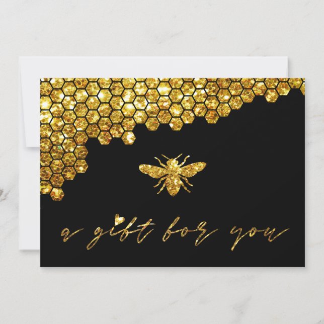 honeycomb faux gold glitter bee gift certificate invitation (Front)
