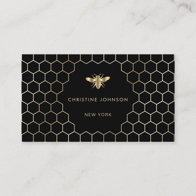 honeycomb hexagons bee logo on black business card (Front)