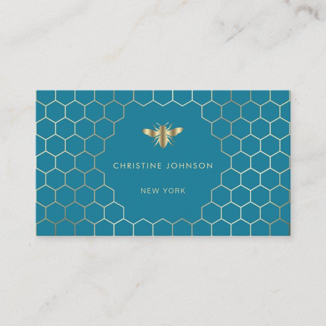 honeycomb hexagons bee on mosaic blue business card (Front)