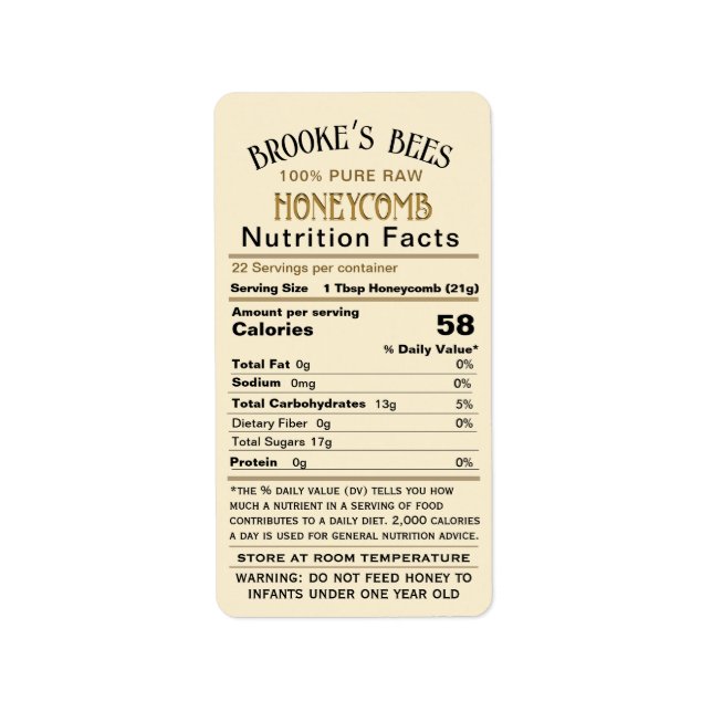 Honeycomb Nutrition facts - Infant & Storage Info Label (Front)