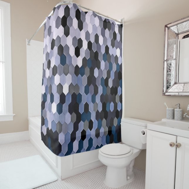 Honeycomb Pattern In Grey and Blue Wintry Colours Shower Curtain (In Situ)
