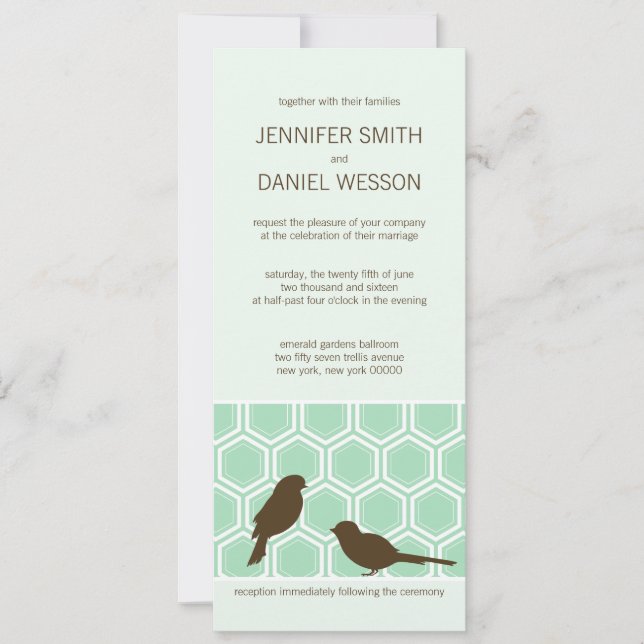 Honeycomb Pattern In Mint Green With Love Birds Invitation (Front)