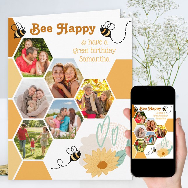 Honeycomb Photo Collage Bee Happy Birthday Card (Creator Uploaded)