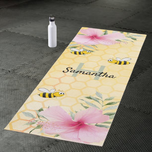Honeycomb pink florals bumble bees name monogram yoga mat
