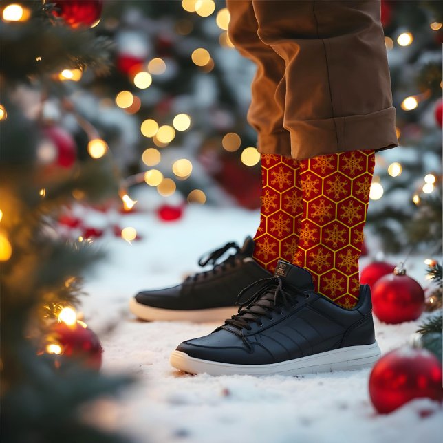  Honeycomb Snowflake Maroon Yellow Pattern Elegant Socks (Creator Uploaded)