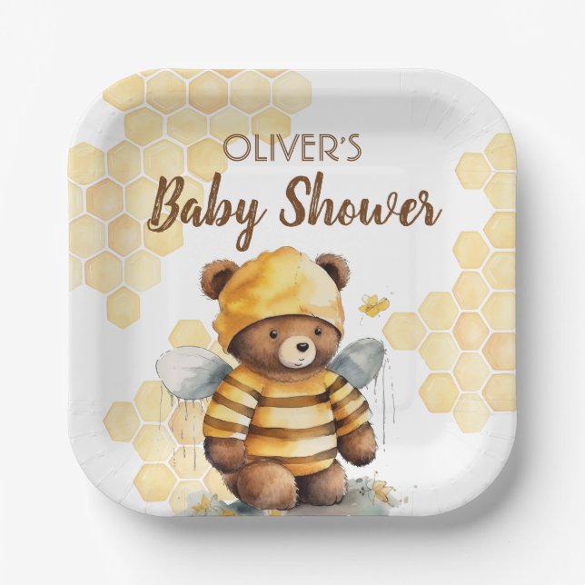 Honeycombs and brown honey teddy bear Baby Shower Paper Plate (Front)