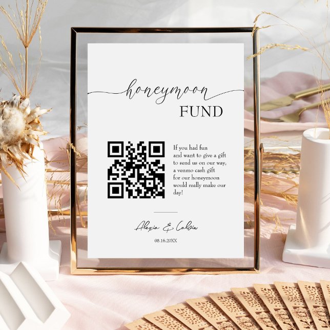 Honeymoon Fun | Minimalist Script QR code Wedding  Pedestal Sign (Creator Uploaded)