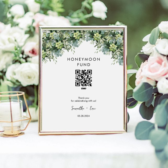 Honeymoon Fund Greenery Cash QR Code Wedding Sign (Creator Uploaded)