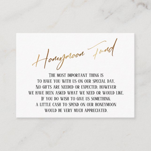 Honeymoon Fund Modern Gold Handwriting Wedding Enclosure Card (Front)