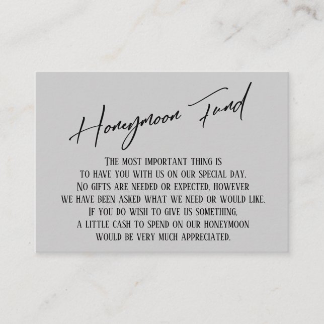 Honeymoon Fund Modern Handwriting Light Grey Enclosure Card (Front)