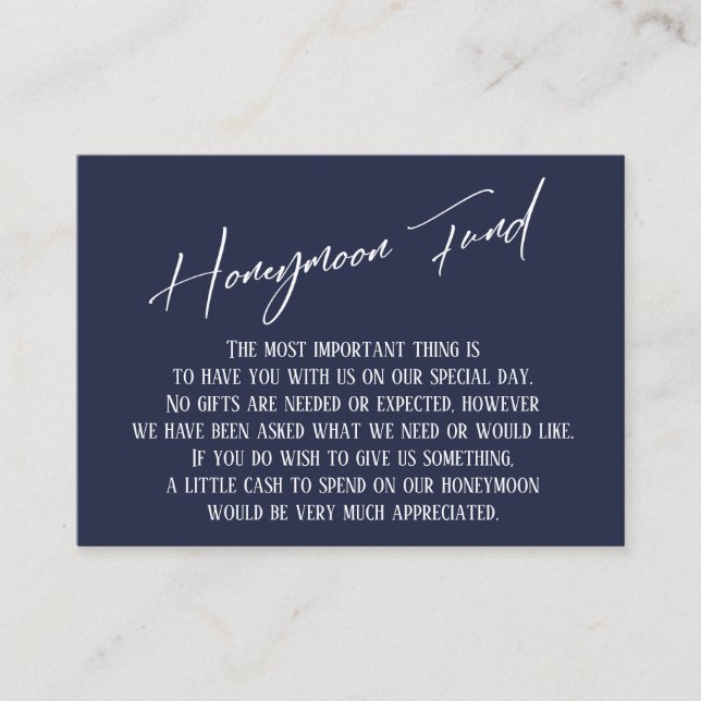Honeymoon Fund Modern Handwriting Navy Blue Enclosure Card (Front)