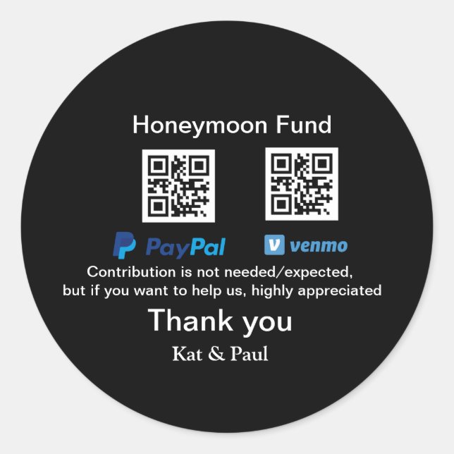 Honeymoon Fund PayPal Venmo QR code thank you Classic Round Sticker (Front)
