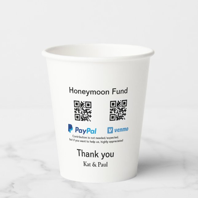 Honeymoon Fund PayPal Venmo QR code thank you Paper Cups (Front)