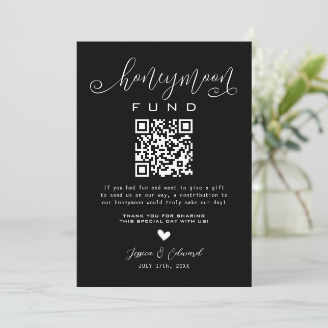 Honeymoon Fund Qr Code Black Chic Modern Minimal (Standing Front)