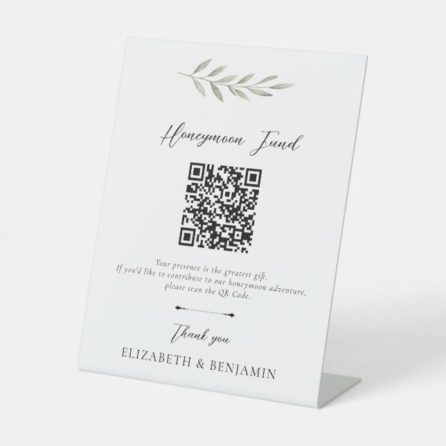 Honeymoon Fund QR Code Elegant Wedding Greenery Pedestal Sign (Front)