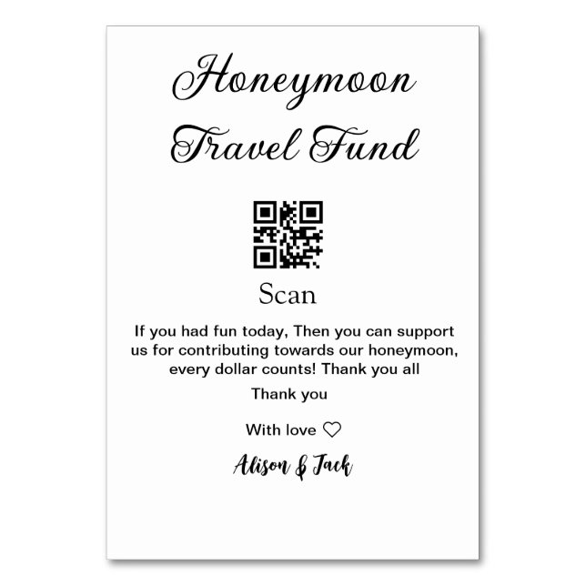Honeymoon fund scan QR codeadd name  Table Number (Front)