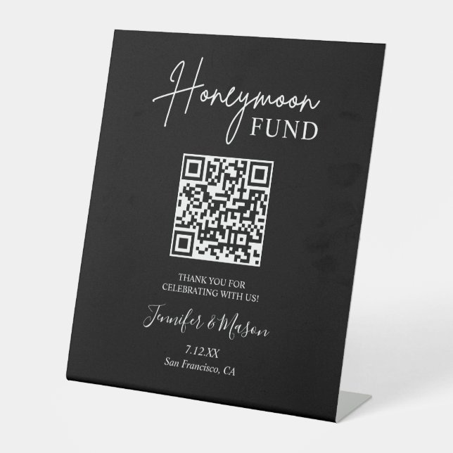 Honeymoon Fund Sign, QR Code Honeymoon Wish Black Pedestal Sign (Front)