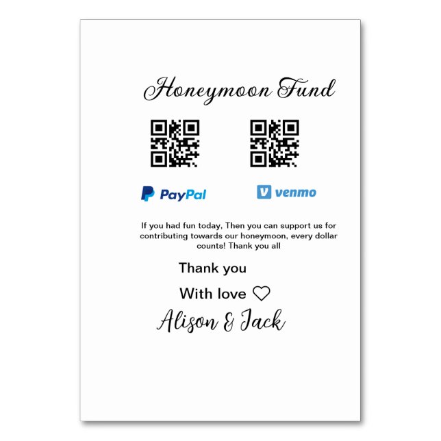 Honeymoon fund venomo paypal donation Q R couple Table Number (Front)