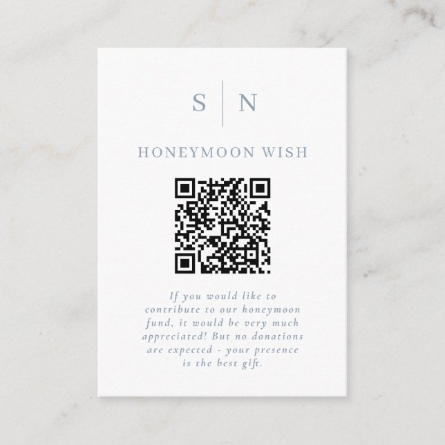 Honeymoon Fund White | Dusty Blue QR Code Registry Enclosure Card (Front)