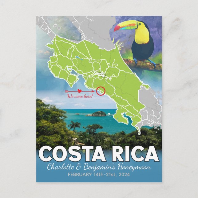 Honeymoon Memories Costa Rica Map Postcard (Front)