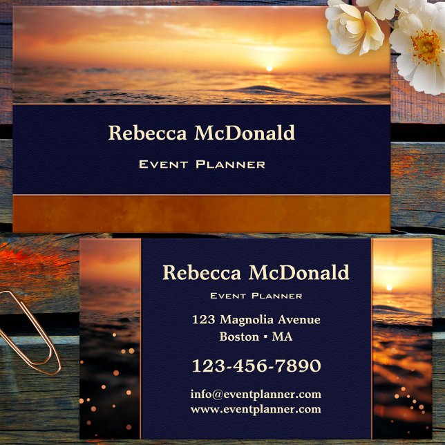 Honeymoon Sunset Event Planner Business Card (Business card featuring a sunset at the ocean with light sparkles - event planner or wedding planner)