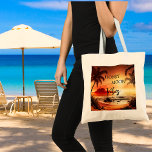 Honeymoon vibes tropical sunset beach moon tote bag<br><div class="desc">For your honeymoon.  Sunset,  full moon,  a tropical beach with palm trees.  Text: Honeymoon Vibes.</div>
