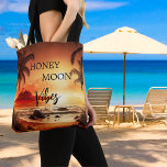 Honeymoon vibes tropical sunset beach moon tote bag<br><div class="desc">For your honeymoon.  Sunset,  full moon,  a tropical beach with palm trees.  Text: Honeymoon Vibes.</div>